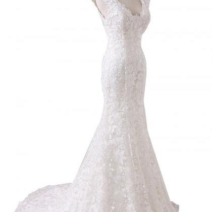 White/ivory Lace Mermaid Wedding Dress V Neck..