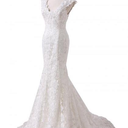 White/ivory Lace Mermaid Wedding Dress V Neck..