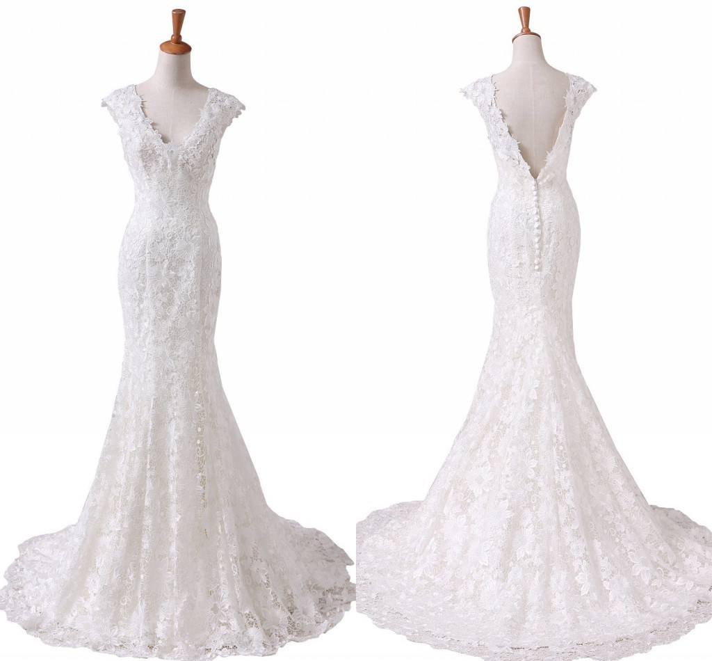 White/ivory Lace Mermaid Wedding Dress V Neck Capped Sleeve Bridal Dress Custom Made Wedding Gowns Bridal Gown