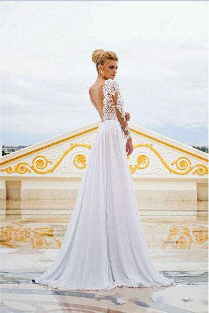 Long Sleeves Lace Appliques Chiffon Wedding Dress 2015 See Through